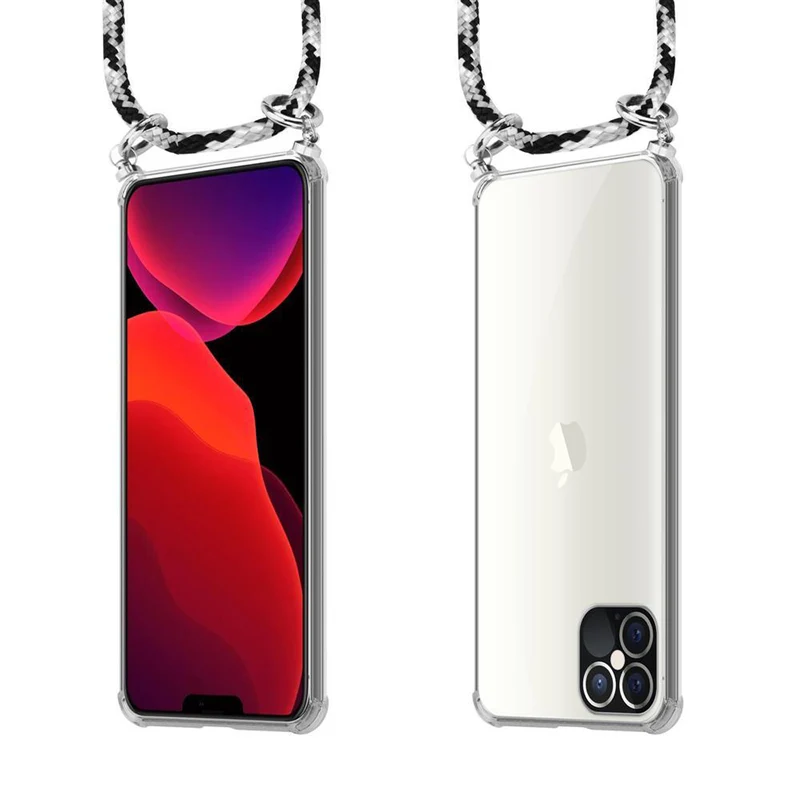 Cadorabo Handy Kette kompatibel mit Apple iPhone 12 / 12 PRO Silikon Schutzhülle mit Silbernen Ringen, Kordel Band und abnehmbarem Etui