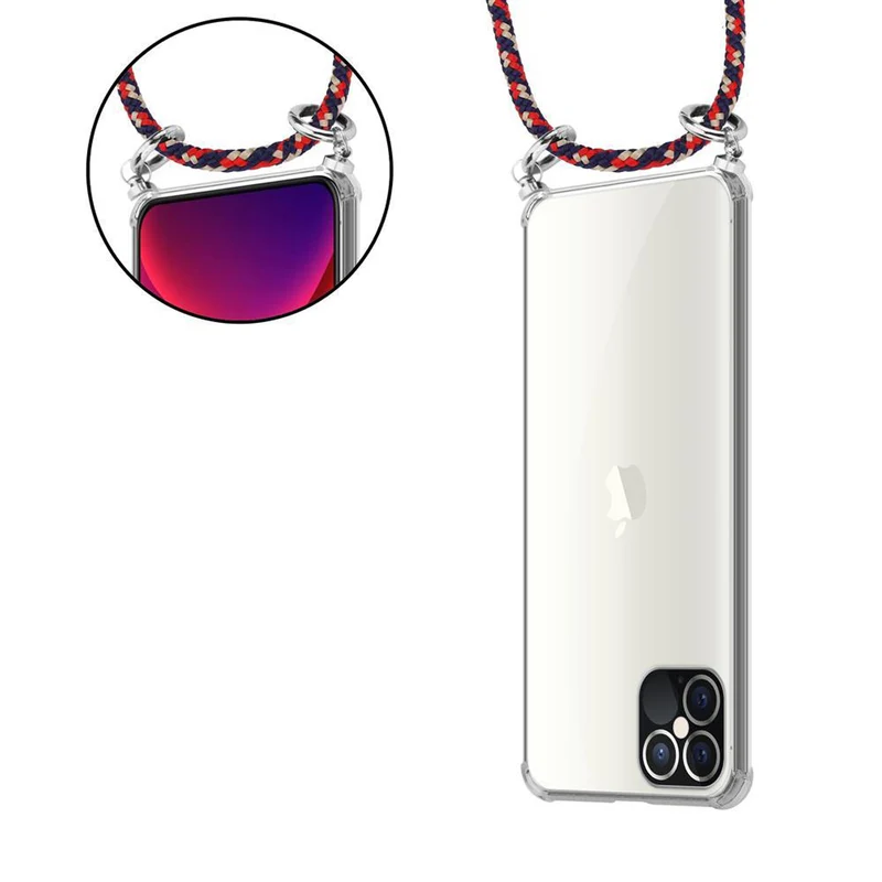 Cadorabo Handy Kette kompatibel mit Apple iPhone 12 / 12 PRO Silikon Schutzhülle mit Silbernen Ringen, Kordel Band und abnehmbarem Etui