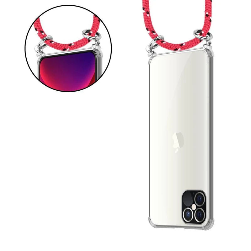 Cadorabo Handy Kette kompatibel mit Apple iPhone 12 / 12 PRO Silikon Schutzhülle mit Silbernen Ringen, Kordel Band und abnehmbarem Etui