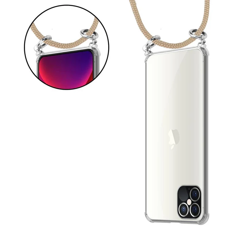 Cadorabo Handy Kette kompatibel mit Apple iPhone 12 / 12 PRO Silikon Schutzhülle mit Silbernen Ringen, Kordel Band und abnehmbarem Etui