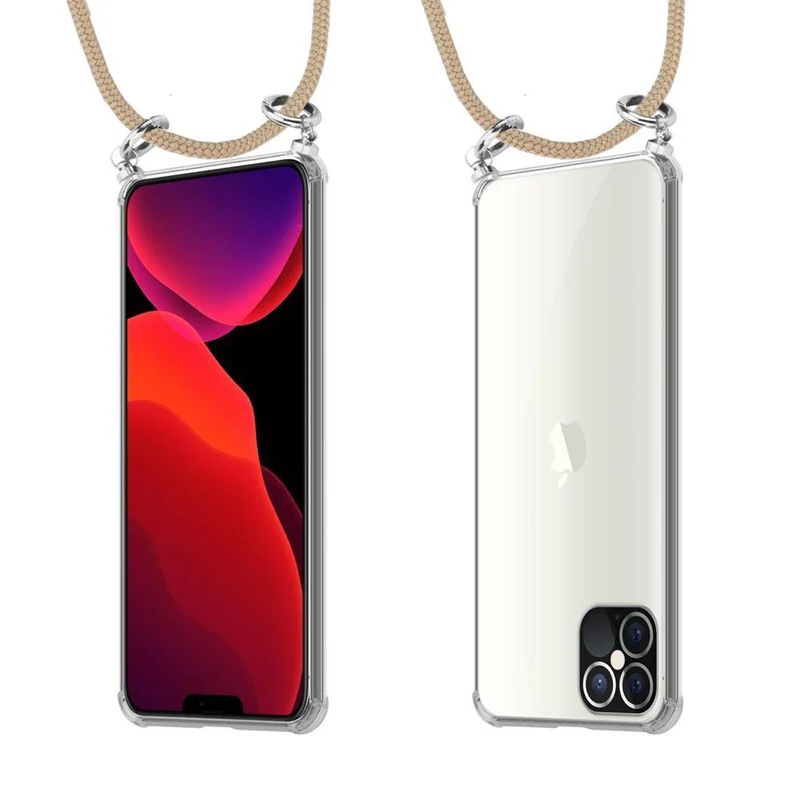 Cadorabo Handy Kette kompatibel mit Apple iPhone 12 / 12 PRO Silikon Schutzhülle mit Silbernen Ringen, Kordel Band und abnehmbarem Etui