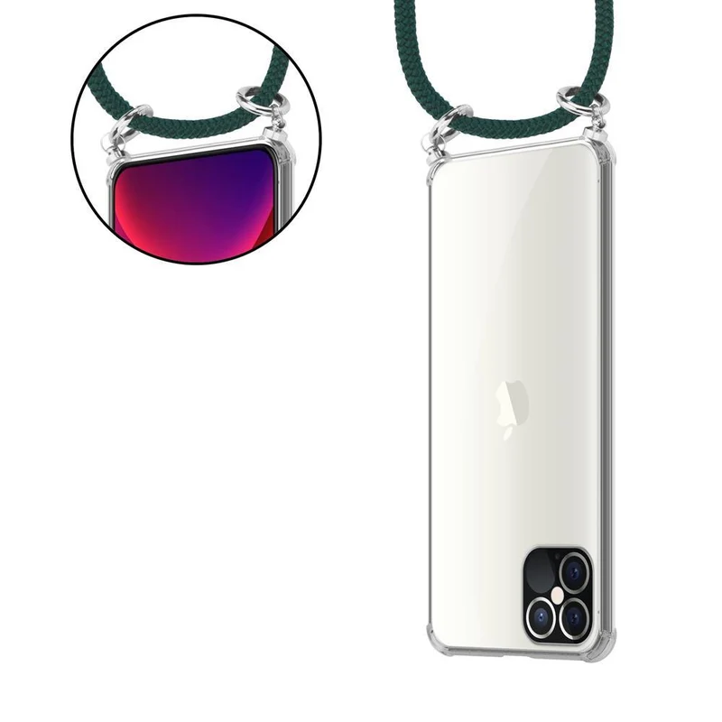 Cadorabo Handy Kette kompatibel mit Apple iPhone 12 / 12 PRO Silikon Schutzhülle mit Silbernen Ringen, Kordel Band und abnehmbarem Etui