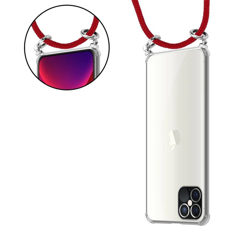 Cadorabo Handy Kette kompatibel mit Apple iPhone 12 / 12 PRO Silikon Schutzhülle mit Silbernen Ringen, Kordel Band und abnehmbarem Etui