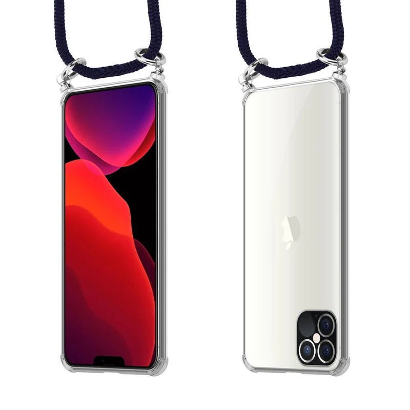Cadorabo Handy Kette kompatibel mit Apple iPhone 12 / 12 PRO Silikon Schutzhülle mit Silbernen Ringen, Kordel Band und abnehmbarem Etui