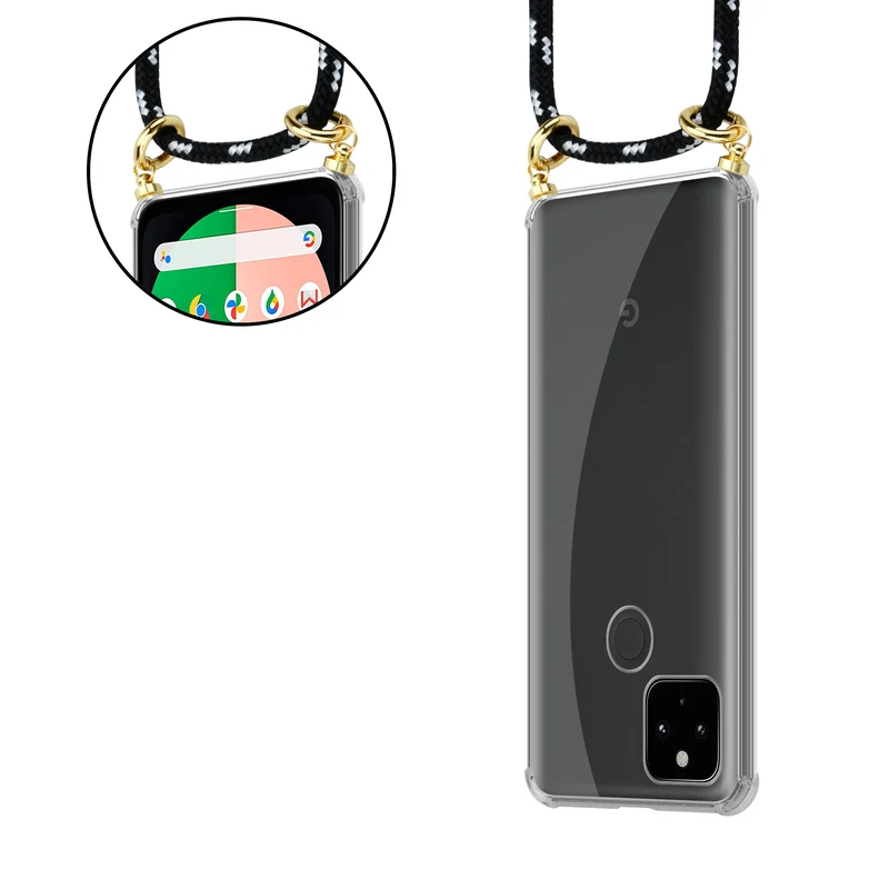 Cadorabo Handy Kette kompatibel mit Google PIXEL 5 XL Silikon Schutzhülle mit Gold Ringen, Kordel Band und abnehmbarem Etui