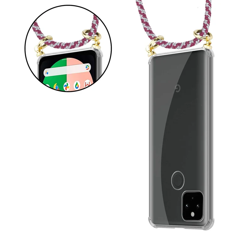 Cadorabo Handy Kette kompatibel mit Google PIXEL 5 XL Silikon Schutzhülle mit Gold Ringen, Kordel Band und abnehmbarem Etui