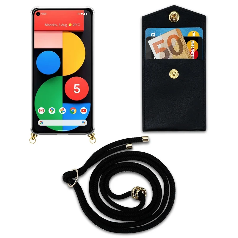 Cadorabo Handy Kette kompatibel mit Google PIXEL 5 Silikon Schutzhülle mit Gold Ringen, Kordel Band und abnehmbarem Etui