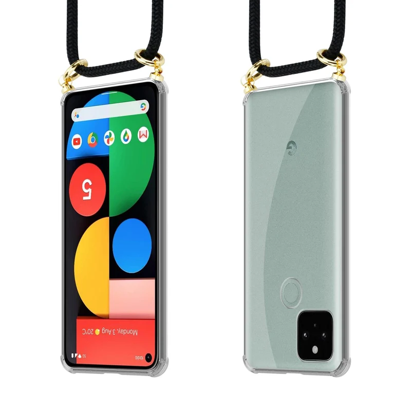 Cadorabo Handy Kette kompatibel mit Google PIXEL 5 Silikon Schutzhülle mit Gold Ringen, Kordel Band und abnehmbarem Etui