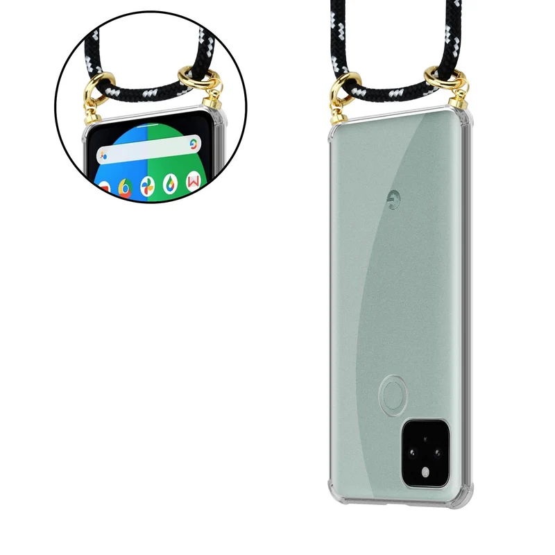 Cadorabo Handy Kette kompatibel mit Google PIXEL 5 Silikon Schutzhülle mit Gold Ringen, Kordel Band und abnehmbarem Etui