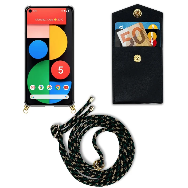 Cadorabo Handy Kette kompatibel mit Google PIXEL 5 Silikon Schutzhülle mit Gold Ringen, Kordel Band und abnehmbarem Etui