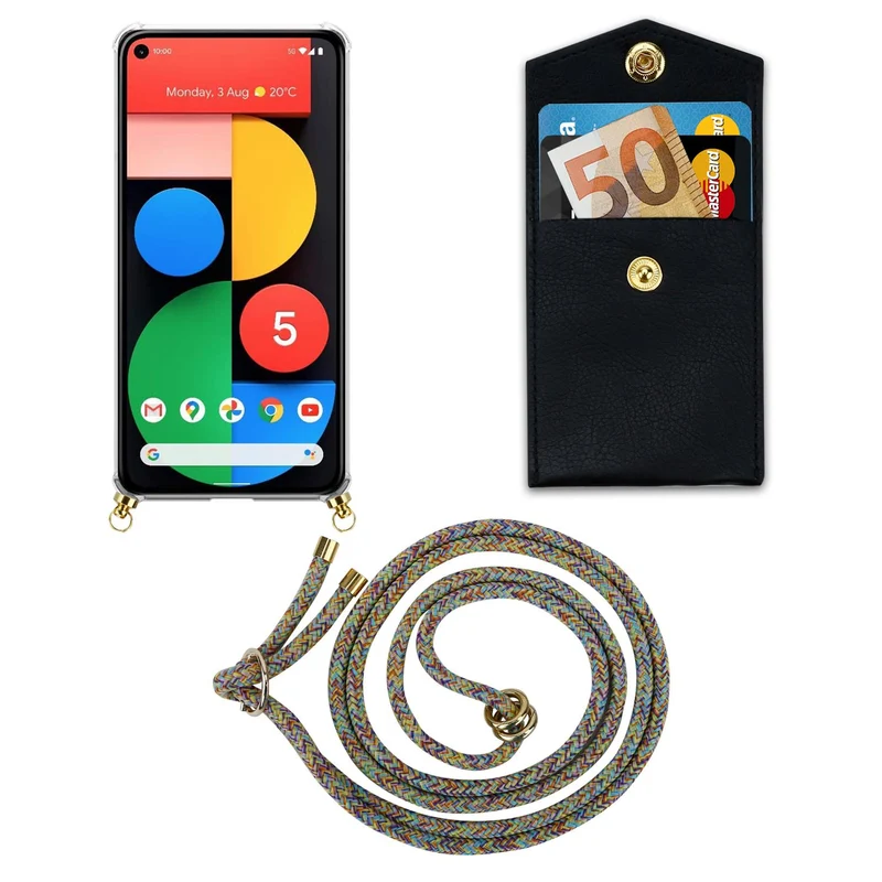 Cadorabo Handy Kette kompatibel mit Google PIXEL 5 Silikon Schutzhülle mit Gold Ringen, Kordel Band und abnehmbarem Etui
