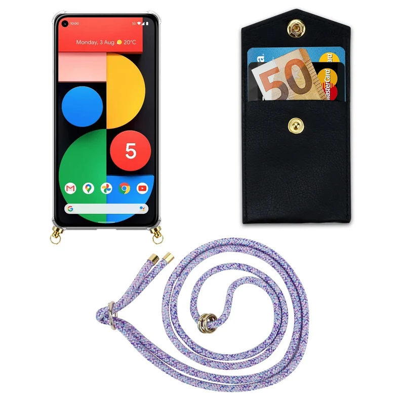 Cadorabo Handy Kette kompatibel mit Google PIXEL 5 Silikon Schutzhülle mit Gold Ringen, Kordel Band und abnehmbarem Etui