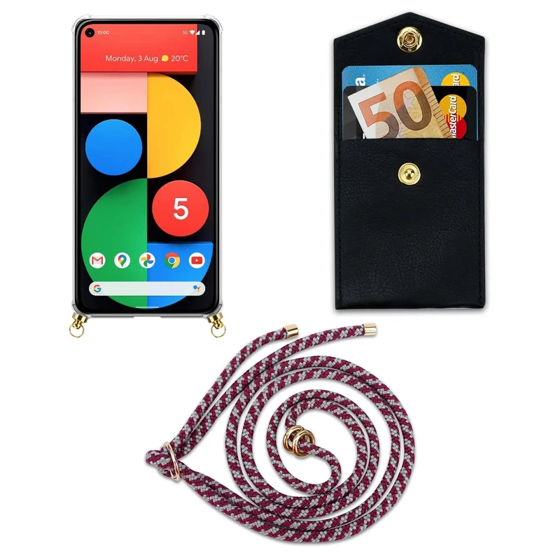 Cadorabo Handy Kette kompatibel mit Google PIXEL 5 Silikon Schutzhülle mit Gold Ringen, Kordel Band und abnehmbarem Etui
