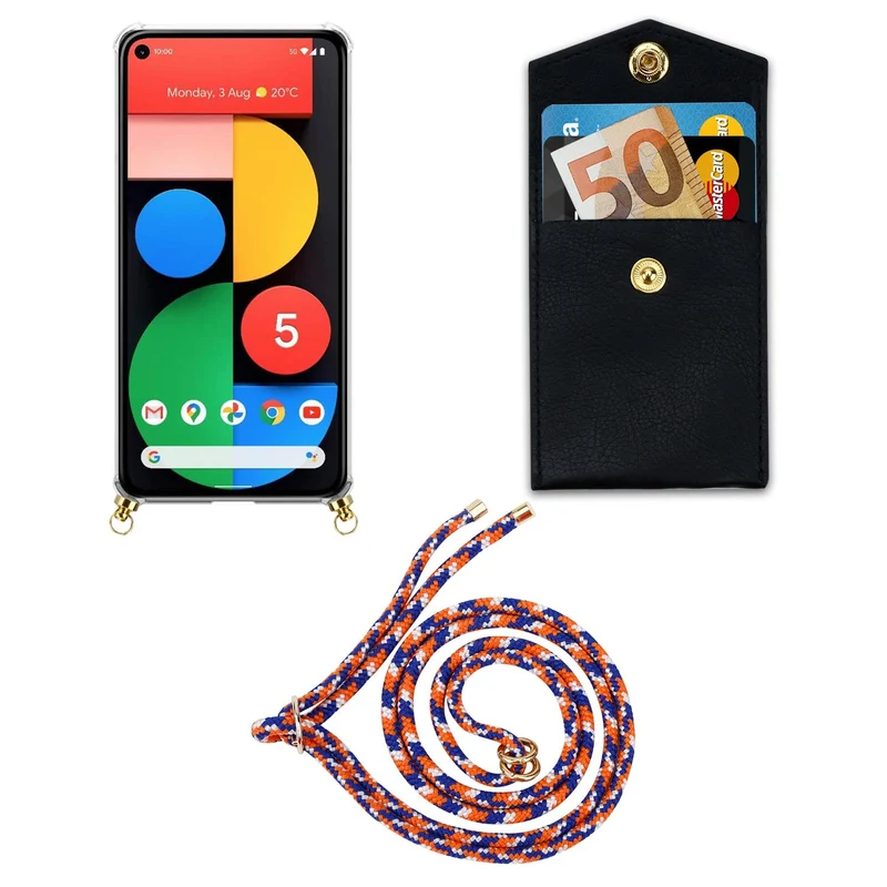 Cadorabo Handy Kette kompatibel mit Google PIXEL 5 Silikon Schutzhülle mit Gold Ringen, Kordel Band und abnehmbarem Etui