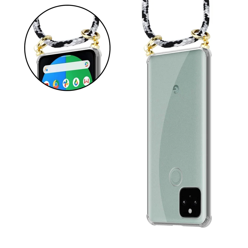 Cadorabo Handy Kette kompatibel mit Google PIXEL 5 Silikon Schutzhülle mit Gold Ringen, Kordel Band und abnehmbarem Etui