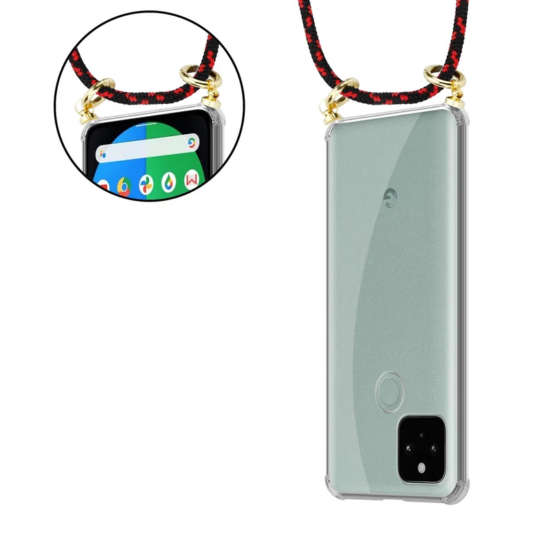 Cadorabo Handy Kette kompatibel mit Google PIXEL 5 Silikon Schutzhülle mit Gold Ringen, Kordel Band und abnehmbarem Etui