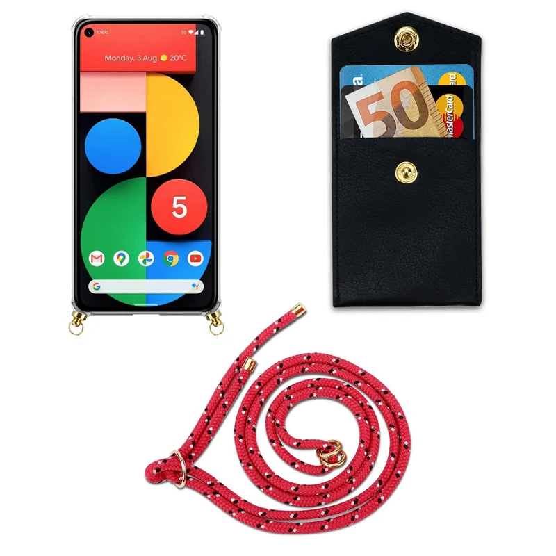 Cadorabo Handy Kette kompatibel mit Google PIXEL 5 Silikon Schutzhülle mit Gold Ringen, Kordel Band und abnehmbarem Etui