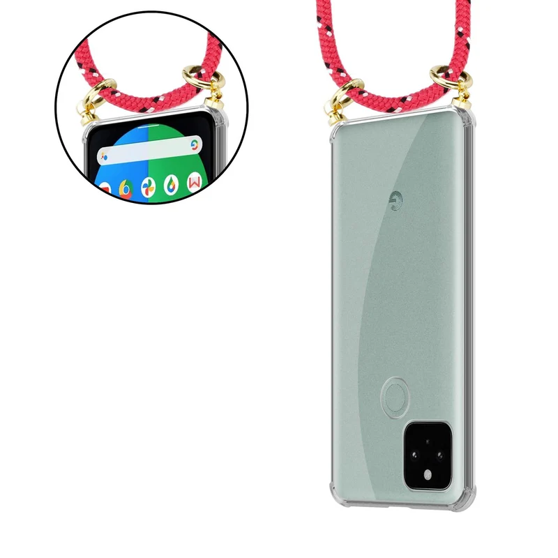 Cadorabo Handy Kette kompatibel mit Google PIXEL 5 Silikon Schutzhülle mit Gold Ringen, Kordel Band und abnehmbarem Etui