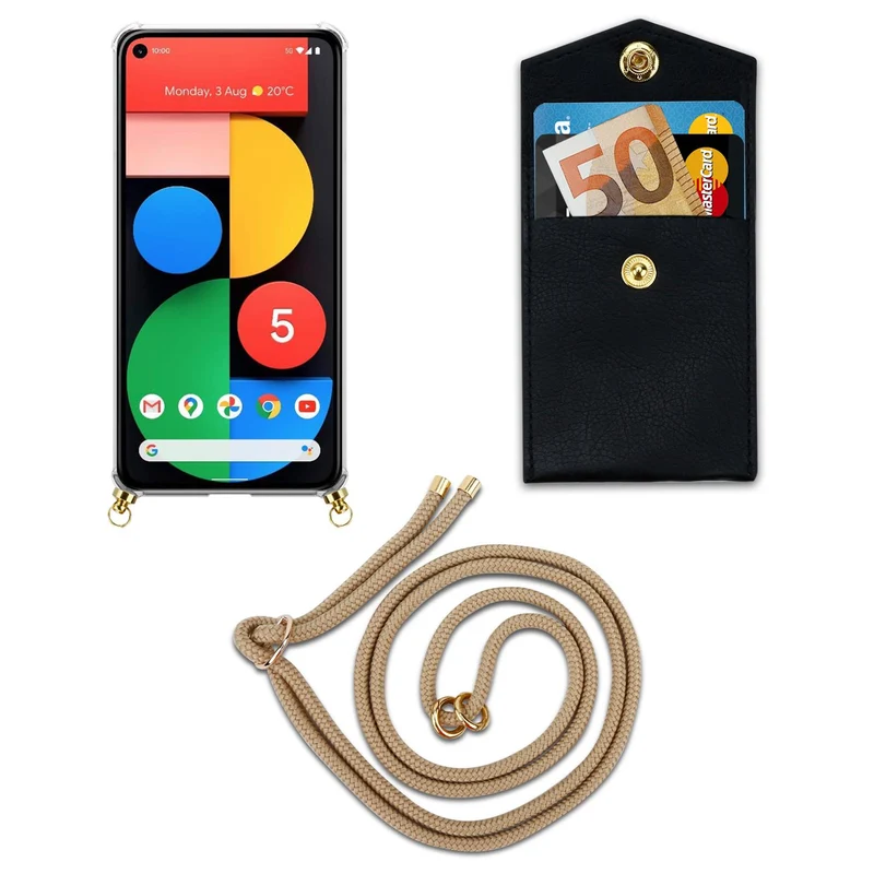 Cadorabo Handy Kette kompatibel mit Google PIXEL 5 Silikon Schutzhülle mit Gold Ringen, Kordel Band und abnehmbarem Etui