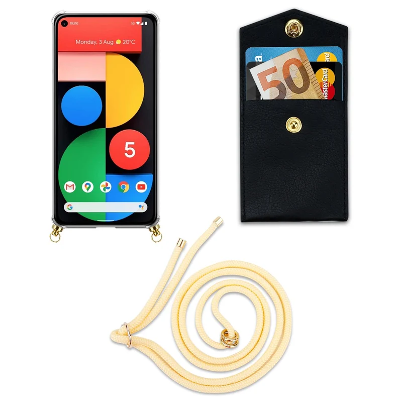 Cadorabo Handy Kette kompatibel mit Google PIXEL 5 Silikon Schutzhülle mit Gold Ringen, Kordel Band und abnehmbarem Etui