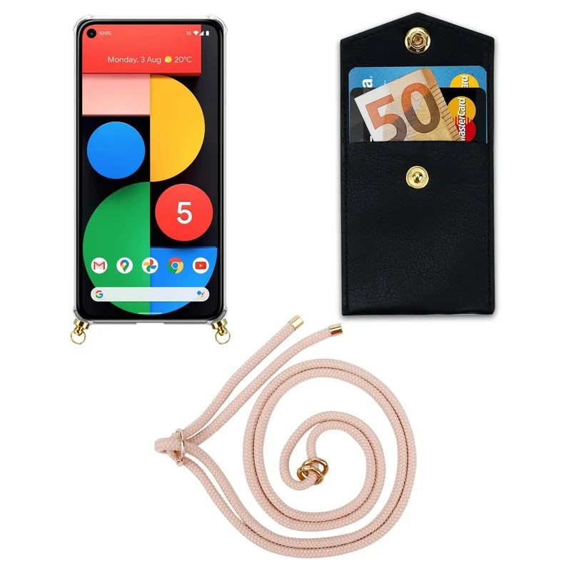 Cadorabo Handy Kette kompatibel mit Google PIXEL 5 Silikon Schutzhülle mit Gold Ringen, Kordel Band und abnehmbarem Etui