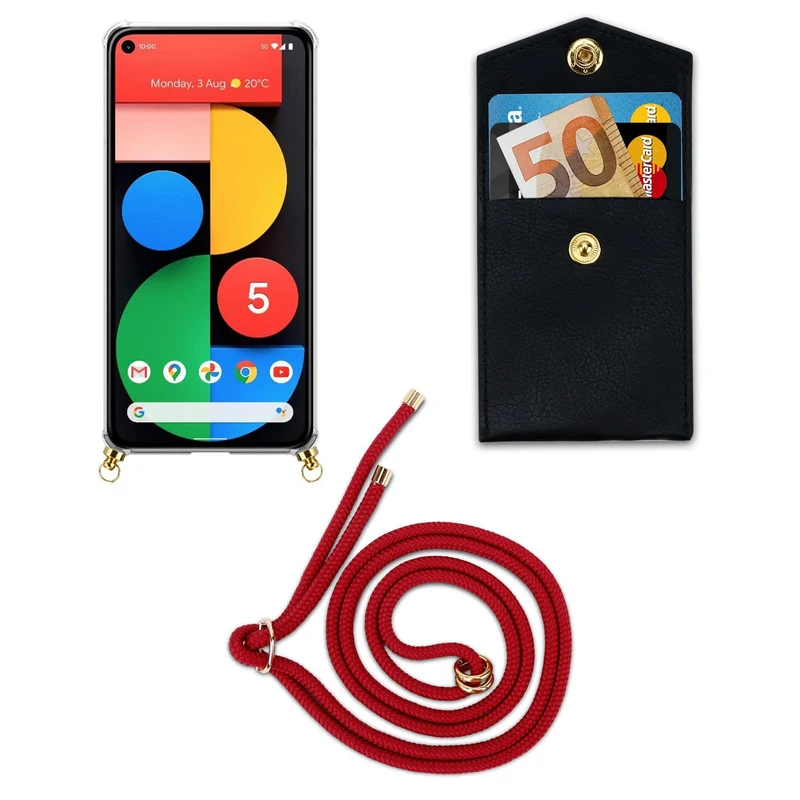 Cadorabo Handy Kette kompatibel mit Google PIXEL 5 Silikon Schutzhülle mit Gold Ringen, Kordel Band und abnehmbarem Etui