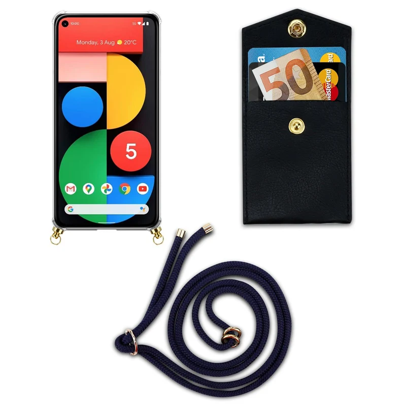 Cadorabo Handy Kette kompatibel mit Google PIXEL 5 Silikon Schutzhülle mit Gold Ringen, Kordel Band und abnehmbarem Etui