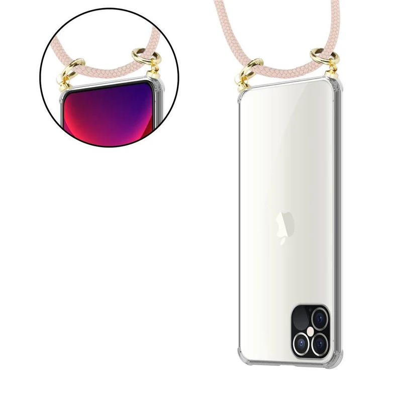 Cadorabo Handy Kette kompatibel mit Apple iPhone 12 PRO MAX Silikon Schutzhülle mit Gold Ringen, Kordel Band und abnehmbarem Etui