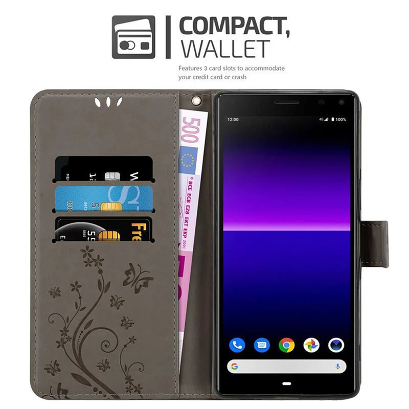 Cadorabo Hülle kompatibel mit Sony Xperia 8 Schutzhülle im Blumen Design mit Magnetverschluss, Standfunktion und Kartenfächern