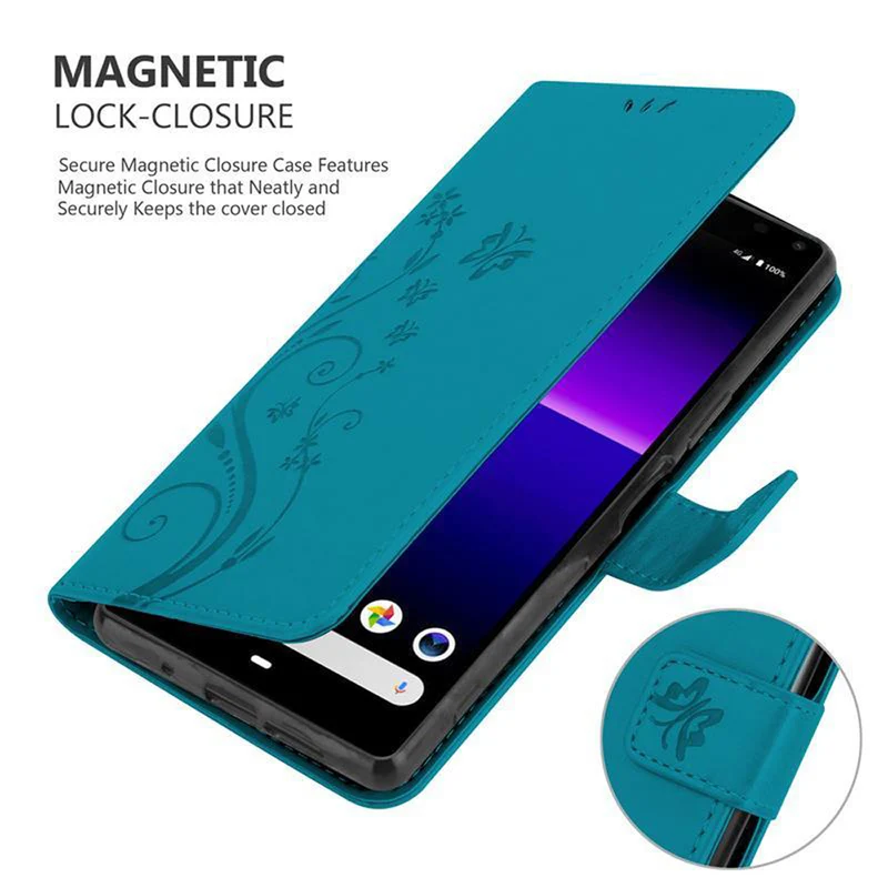 Cadorabo Hülle kompatibel mit Sony Xperia 8 Schutzhülle im Blumen Design mit Magnetverschluss, Standfunktion und Kartenfächern