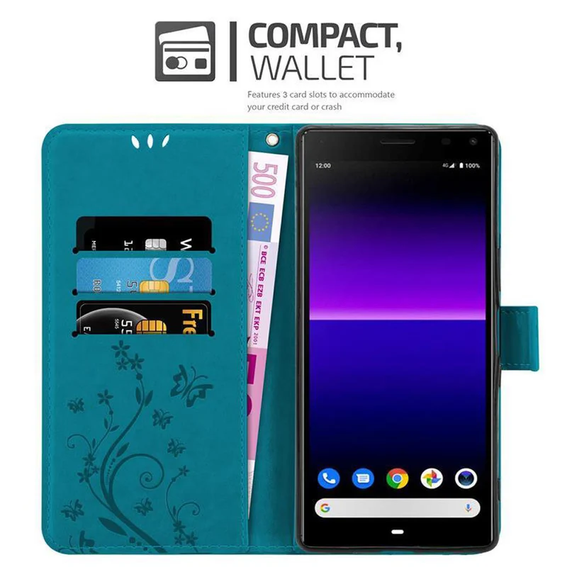Cadorabo Hülle kompatibel mit Sony Xperia 8 Schutzhülle im Blumen Design mit Magnetverschluss, Standfunktion und Kartenfächern