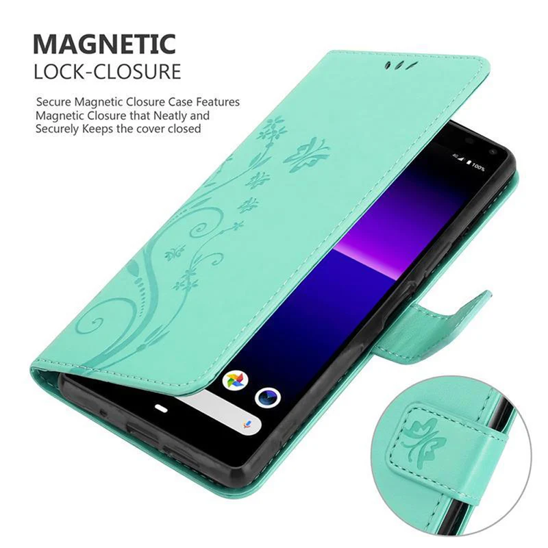Cadorabo Hülle kompatibel mit Sony Xperia 8 Schutzhülle im Blumen Design mit Magnetverschluss, Standfunktion und Kartenfächern