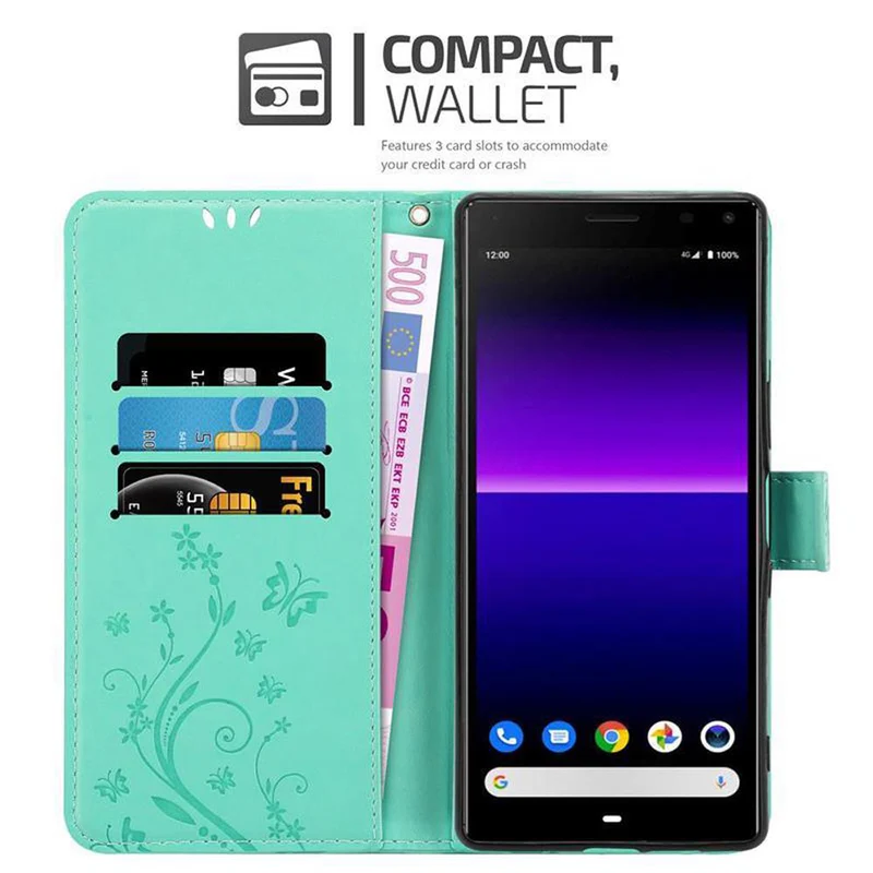 Cadorabo Hülle kompatibel mit Sony Xperia 8 Schutzhülle im Blumen Design mit Magnetverschluss, Standfunktion und Kartenfächern