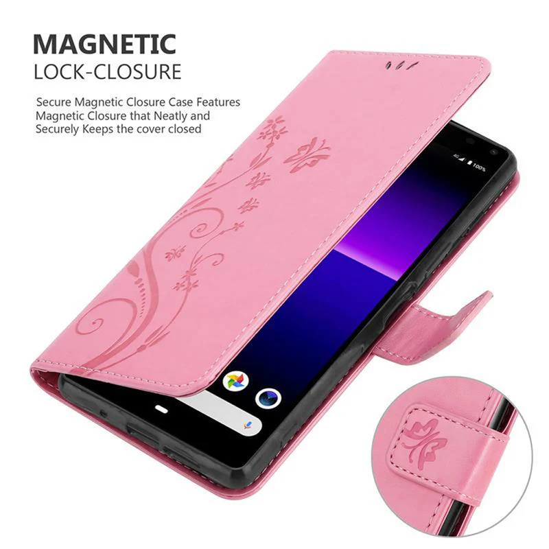Cadorabo Hülle kompatibel mit Sony Xperia 8 Schutzhülle im Blumen Design mit Magnetverschluss, Standfunktion und Kartenfächern