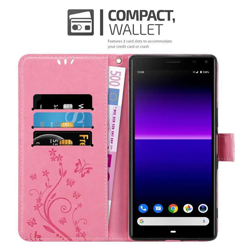 Cadorabo Hülle kompatibel mit Sony Xperia 8 Schutzhülle im Blumen Design mit Magnetverschluss, Standfunktion und Kartenfächern