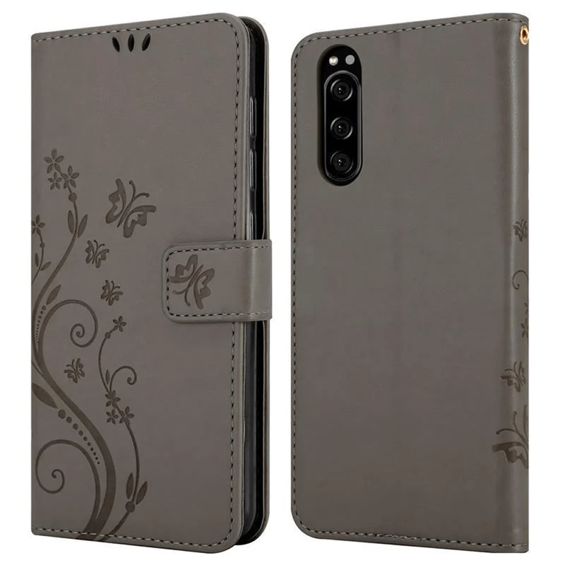 Cadorabo Hülle kompatibel mit Sony Xperia 5 Schutzhülle im Blumen Design mit Magnetverschluss, Standfunktion und Kartenfächern