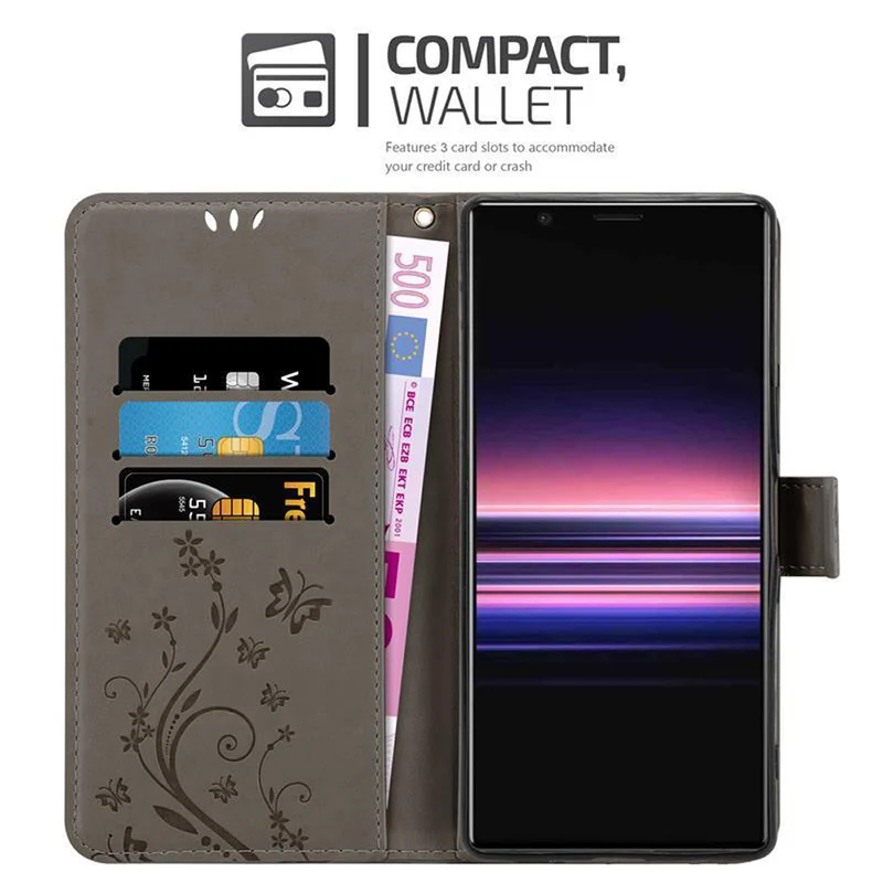Cadorabo Hülle kompatibel mit Sony Xperia 5 Schutzhülle im Blumen Design mit Magnetverschluss, Standfunktion und Kartenfächern