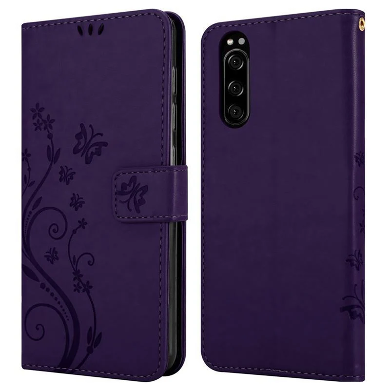 Cadorabo Hülle kompatibel mit Sony Xperia 5 Schutzhülle im Blumen Design mit Magnetverschluss, Standfunktion und Kartenfächern