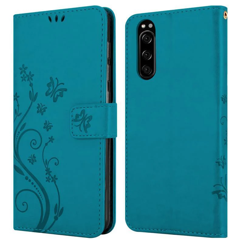 Cadorabo Hülle kompatibel mit Sony Xperia 5 Schutzhülle im Blumen Design mit Magnetverschluss, Standfunktion und Kartenfächern