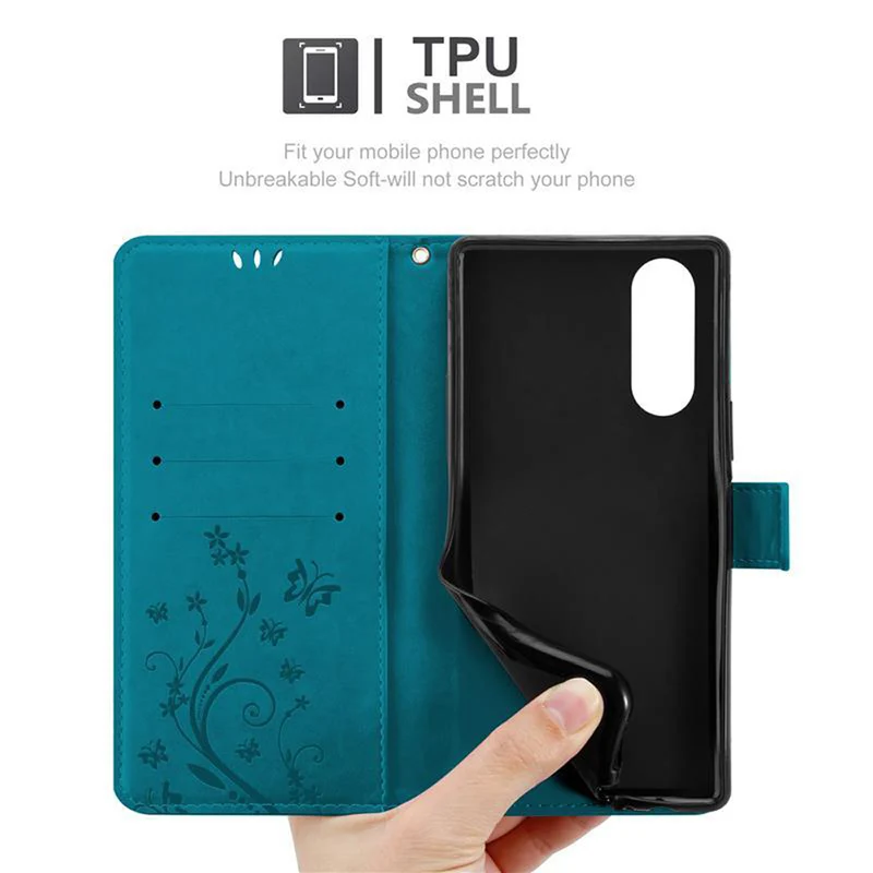 Cadorabo Hülle kompatibel mit Sony Xperia 5 Schutzhülle im Blumen Design mit Magnetverschluss, Standfunktion und Kartenfächern