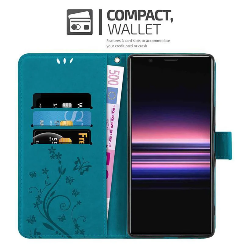 Cadorabo Hülle kompatibel mit Sony Xperia 5 Schutzhülle im Blumen Design mit Magnetverschluss, Standfunktion und Kartenfächern