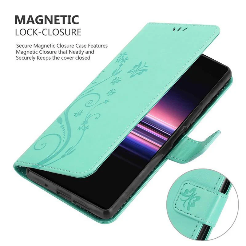Cadorabo Hülle kompatibel mit Sony Xperia 5 Schutzhülle im Blumen Design mit Magnetverschluss, Standfunktion und Kartenfächern