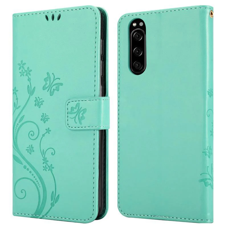 Cadorabo Hülle kompatibel mit Sony Xperia 5 Schutzhülle im Blumen Design mit Magnetverschluss, Standfunktion und Kartenfächern