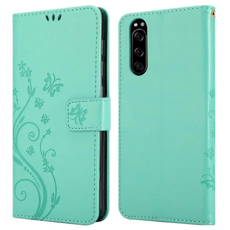 Cadorabo Hülle kompatibel mit Sony Xperia 5 Schutzhülle im Blumen Design mit Magnetverschluss, Standfunktion und Kartenfächern