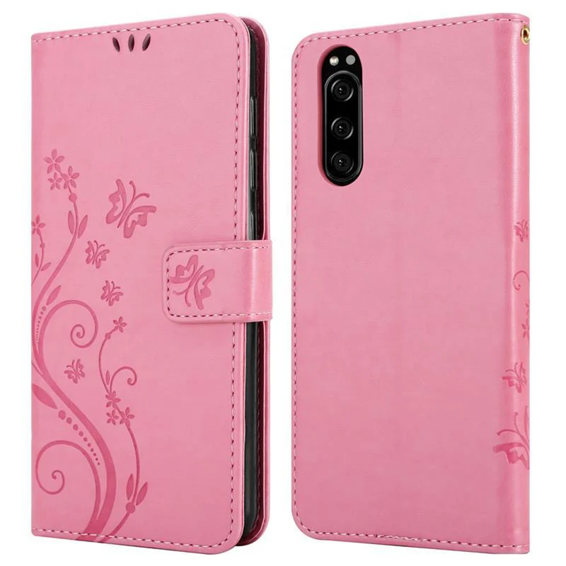 Cadorabo Hülle kompatibel mit Sony Xperia 5 Schutzhülle im Blumen Design mit Magnetverschluss, Standfunktion und Kartenfächern