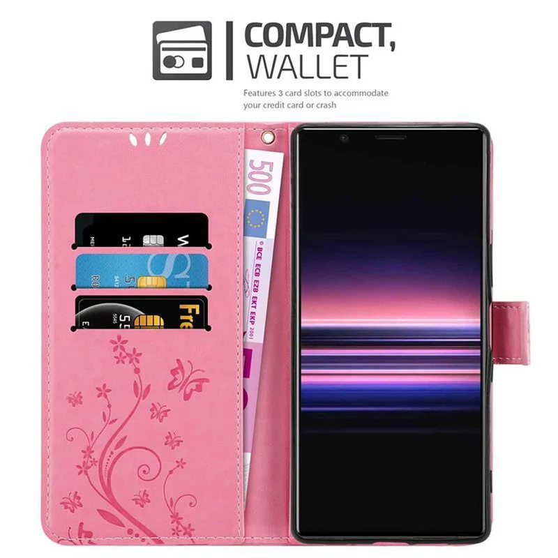 Cadorabo Hülle kompatibel mit Sony Xperia 5 Schutzhülle im Blumen Design mit Magnetverschluss, Standfunktion und Kartenfächern