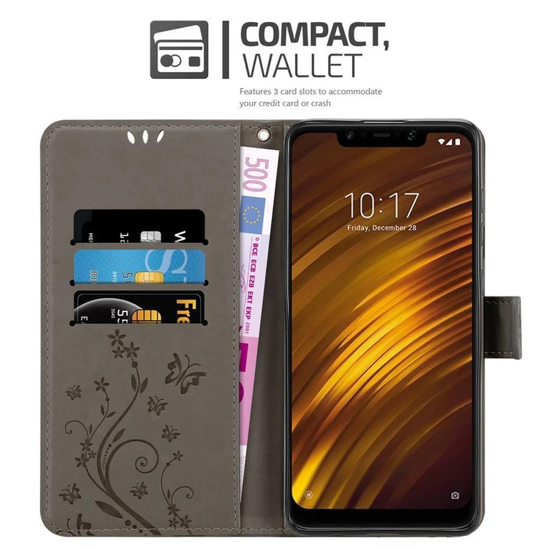 Cadorabo Hülle kompatibel mit Xiaomi Pocophone F1 Schutzhülle im Blumen Design mit Magnetverschluss, Standfunktion und Kartenfächern