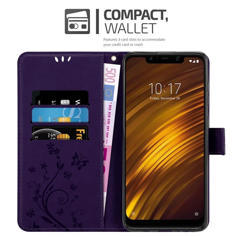 Cadorabo Hülle kompatibel mit Xiaomi Pocophone F1 Schutzhülle im Blumen Design mit Magnetverschluss, Standfunktion und Kartenfächern