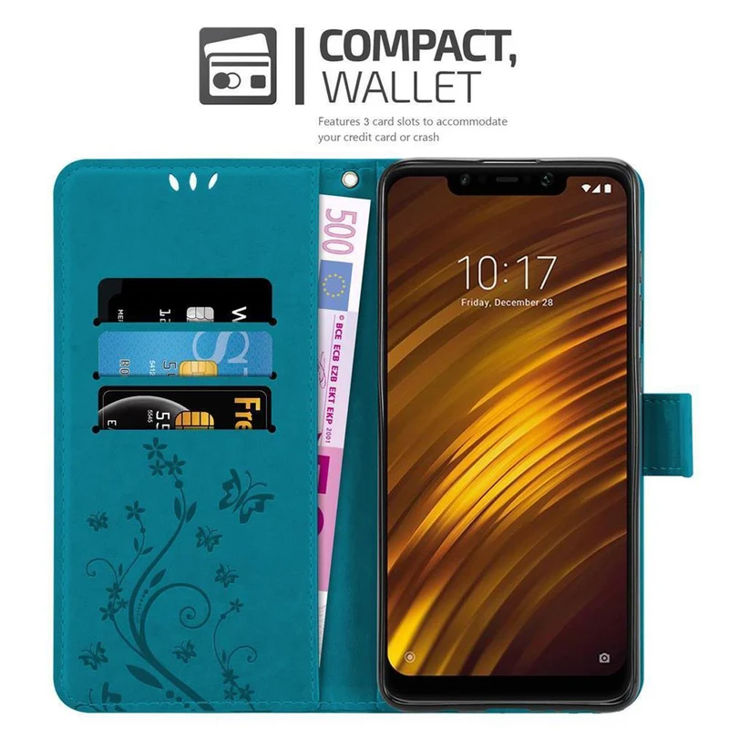 Cadorabo Hülle kompatibel mit Xiaomi Pocophone F1 Schutzhülle im Blumen Design mit Magnetverschluss, Standfunktion und Kartenfächern