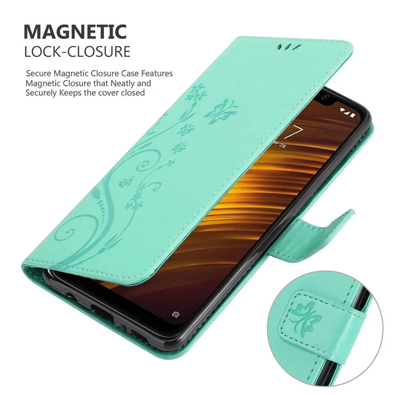 Cadorabo Hülle kompatibel mit Xiaomi Pocophone F1 Schutzhülle im Blumen Design mit Magnetverschluss, Standfunktion und Kartenfächern